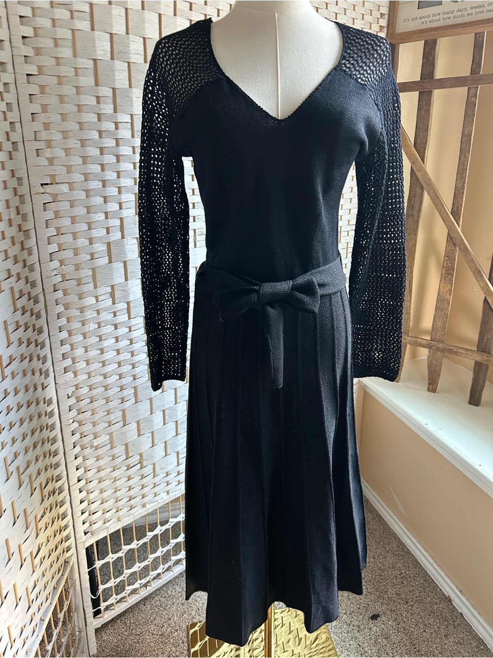 Vintage 80s LILLIE RUBIN Black Knit Midi Dress Crochet Statement Long Sleeve S-M